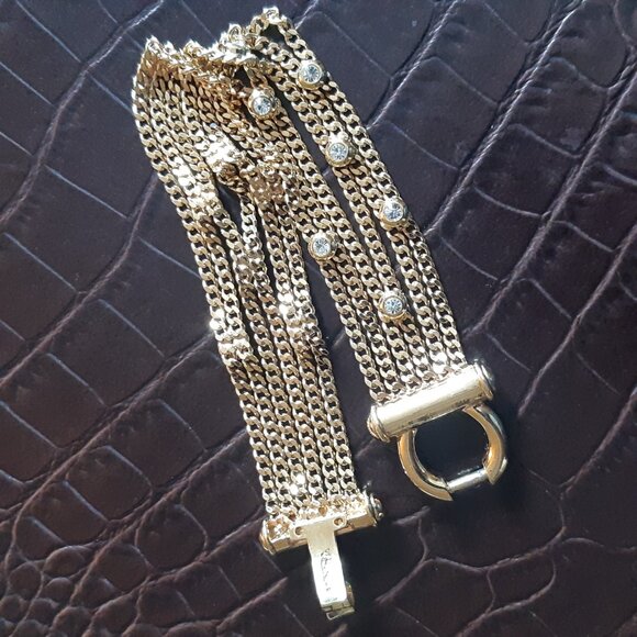 1990s NOLAN MILLER Bracelet Gold Tone 6 Strand,14 Bezel Set Rhinestones, Vintage - Picture 10 of 16